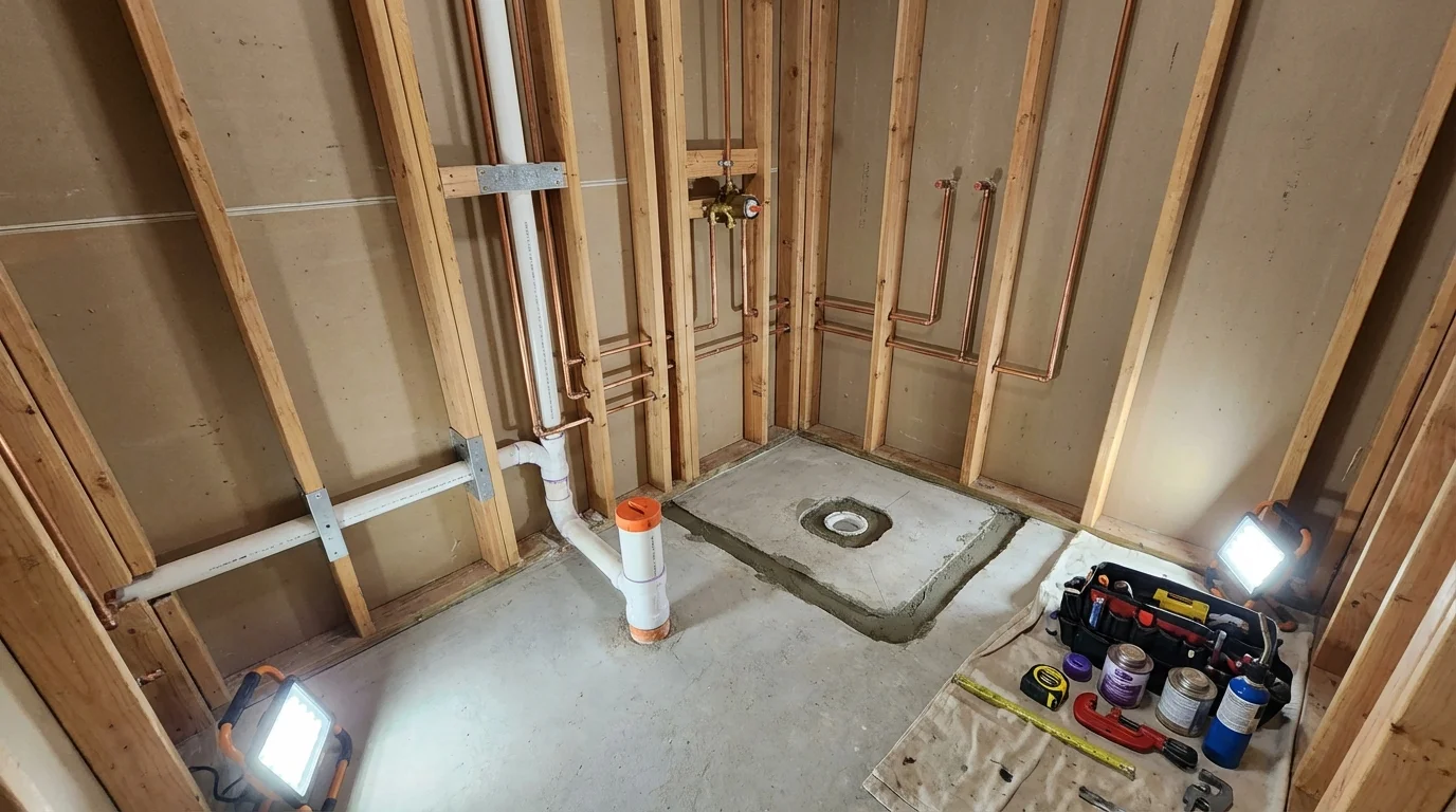 Bathroom rough-in plumbing during remodel by Johns Plumbing LLC in New Plymouth