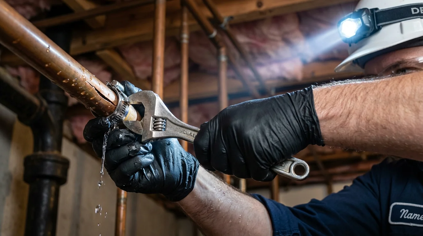 Emergency pipe clamp repair being performed by a Johns Plumbing LLC plumber in New Plymouth