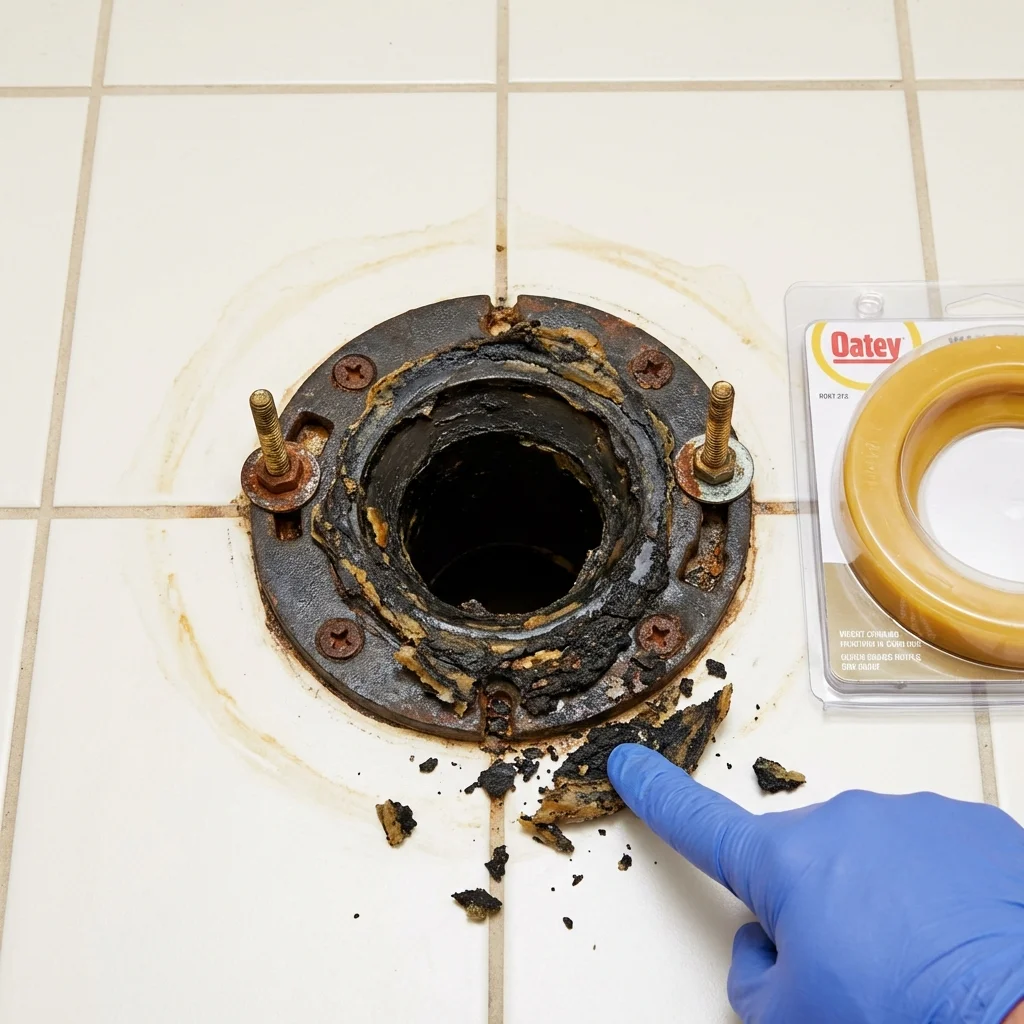Failed wax ring showing water seepage at the base of a toilet in a New Plymouth, ID home