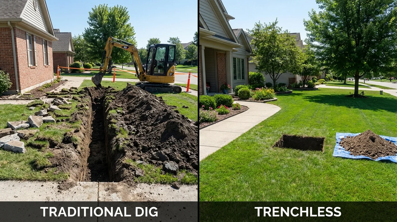 Trenchless sewer repair with minimal yard damage versus traditional excavation in New Plymouth, ID