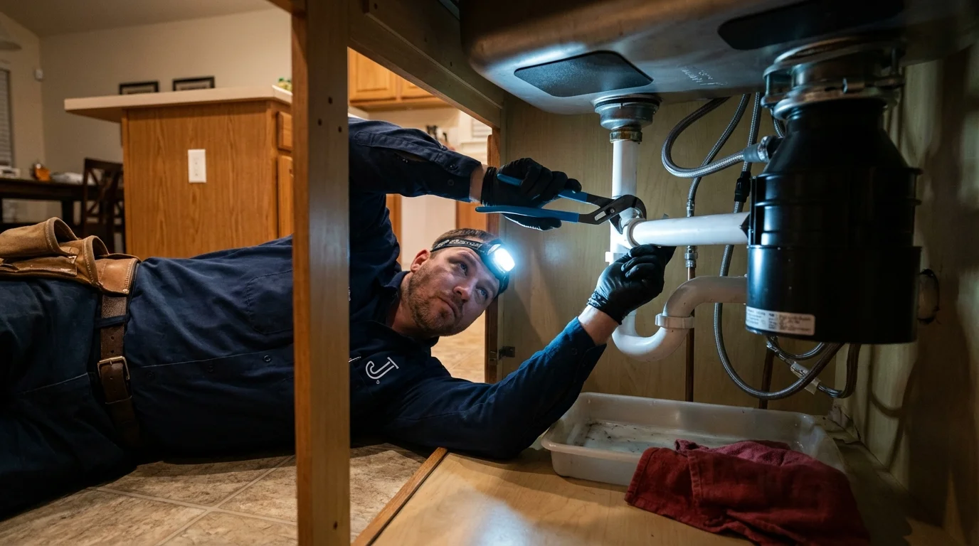 P-trap and supply line connections under a kitchen sink showing a common leak point in New Plymouth, ID